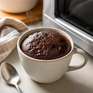 Mug cake de chocolate cocido en microondas con la superficie cuajada y humeda