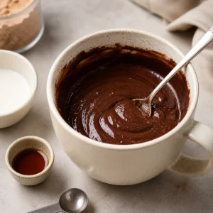 Leche, aceite y vainilla mezclados en una masa lisa de mug cake de chocolate
