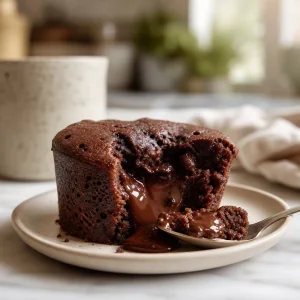 Mug cake volcán abierto mostrando un centro de chocolate fundido