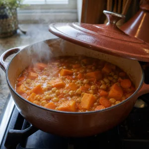 Chickpea tagine steaming beneath a partly lifted lid