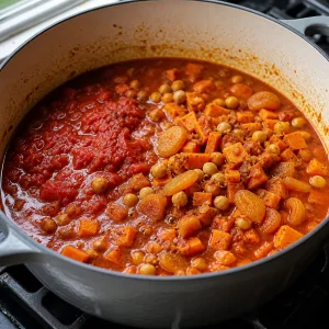 Chickpeas, apricots, and vegetables beginning to simmer in tomato broth