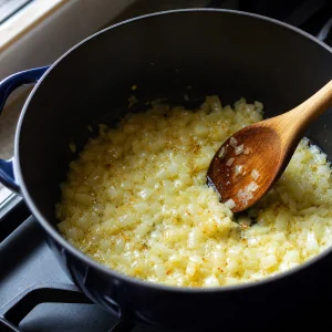 Chopped onions softening in olive oil