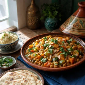 Finished tagine on a platter with couscous and flatbread