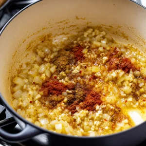 Garlic and ground spices blooming with onions