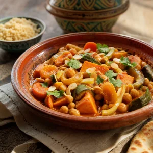 Tajine marocain aux pois chiches et légumes, coriandre et amandes grillées
