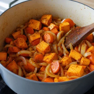Sweet potato and carrots coated with spiced onions