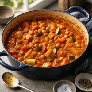 Vegetable tagine simmering uncovered in a thick sauce