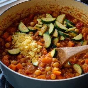 Zucchini and preserved lemon added to the chickpea tagine