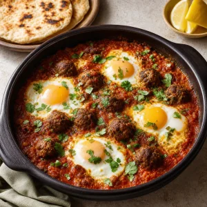 Finished Moroccan kefta tagine with eggs and meatballs