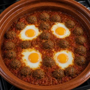 Four eggs cooking in wells in the kefta sauce