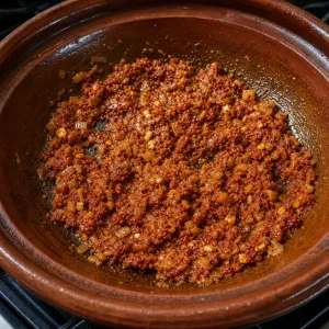 Red spice paste cooking with onion and garlic