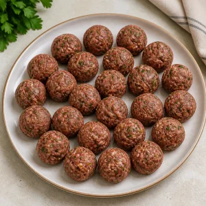 Small raw kefta meatballs arranged on a plate