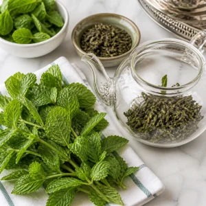 Fresh mint and loose green tea beside a glass teapot