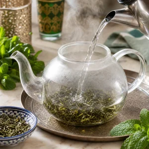 Hot water poured over loose green tea in a glass teapot