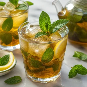 Iced mint green tea with lemon slices and fresh mint