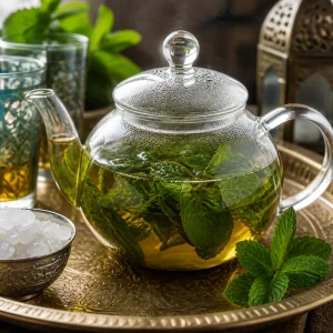 Mint green tea steeping in a glass teapot