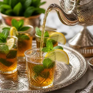 Moroccan mint tea poured into a small glass with lemon and mint