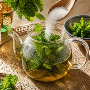 Sugar poured into mint green tea in a glass teapot