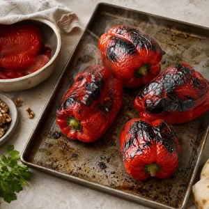 Charred red peppers on a baking sheet for muhammara