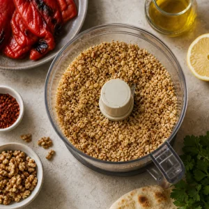 Coarse walnut and breadcrumb meal in a food processor
