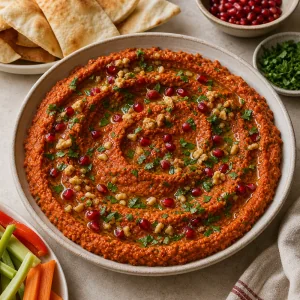 Finished muhammara with olive oil, parsley, walnuts, and pita
