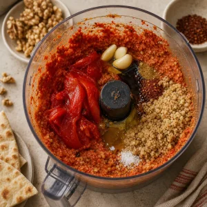 Roasted peppers and spices blended into textured muhammara