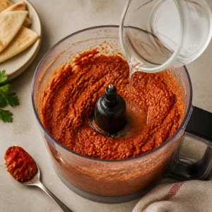 Thick muhammara being loosened with a small pour of liquid