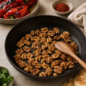 Walnuts toasting in a dry skillet for muhammara