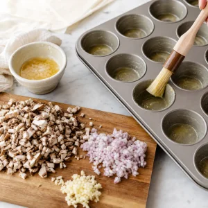 Cogumelos, chalota e alho picados ao lado de uma forma de muffins untada