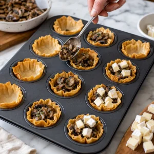 Copinhos crocantes de massa filo recheados com cogumelos e cubos de Brie