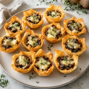Finished mushroom and Brie phyllo bites with melted cheese and fresh thyme