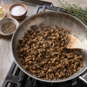 Mistura de cogumelos, chalota e alho salteada na manteiga com tomilho até dourar