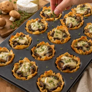 Petiscos quentes de filo com cogumelos, Brie derretido e tomilho fresco