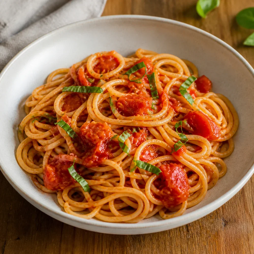 Fertige Spaghetti mit frischer Tomatensauce und Basilikum