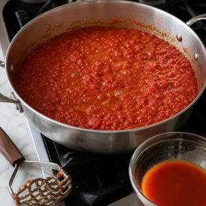 Salsa de tomate fresca reduciéndose a fuego lento