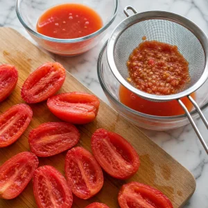 Tomates pelados cortados con semillas coladas para extraer jugo