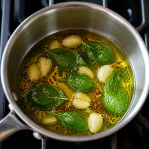 Aceite de oliva infusionándose con ajo, albahaca y chile