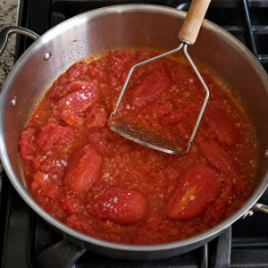 Tomates pelados con sal machacándose en una cazuela amplia