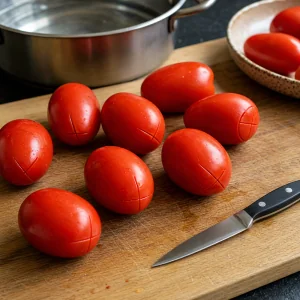Tomates pera con cortes en X antes de escaldar