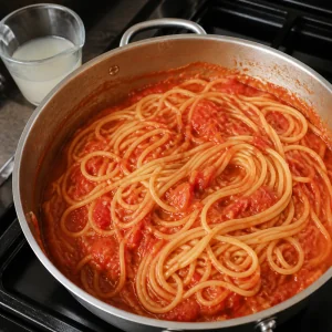 Espaguetis cociéndose en salsa de tomate con agua de pasta