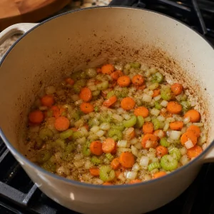 Carote sedano e cipolla saltati nella pentola della zuppa finche morbidi