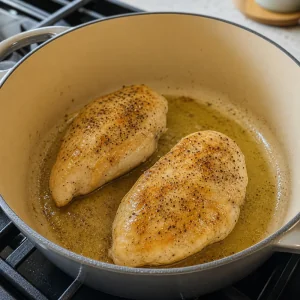 Petti di pollo rosolati in olio di oliva in una grande pentola fino a leggera doratura