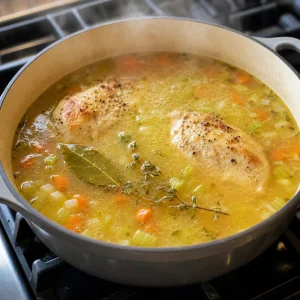 Petti di pollo che sobbollono nel brodo con verdure alloro e timo