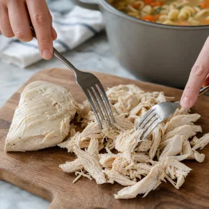 Pollo cotto sfilacciato in bocconi con due forchette