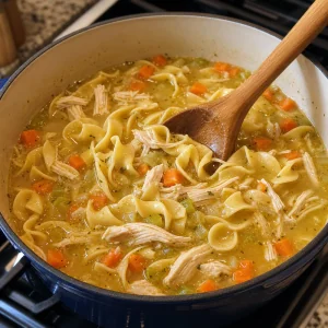Tagliatelle all uovo che cuociono nella zuppa di pollo con verdure e pollo sfilacciato