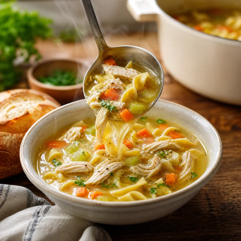 Zuppa di pollo con noodles finita con erbe verdure pollo sfilacciato e pane croccante