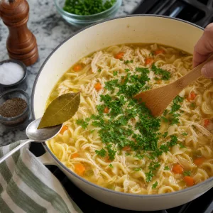 Prezzemolo fresco mescolato nella zuppa di pollo con noodles mentre si rimuove l alloro