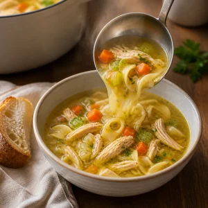 Zuppa calda di pollo con noodles versata in una ciotola con pane croccante a lato