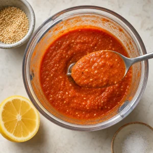 Blended tomato-sesame chutney in a bowl