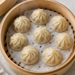 Cooked momos steaming in the basket